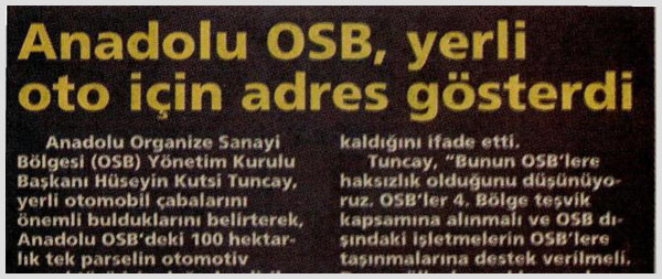 ANADOLU OSB, YERLİ OTO İÇİN ADRES GÖSTERDİ 