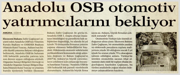 ANADOLU OSB OTOMOTİV YATIRIMCILARINI BEKLİYOR 